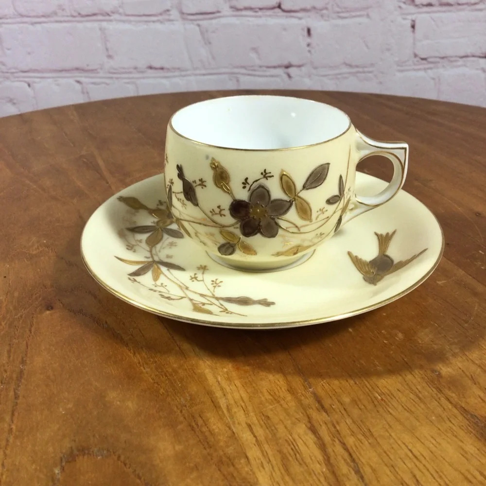 Vintage Limoges Gold Bird Floral Porcelain Cup and Saucer Set